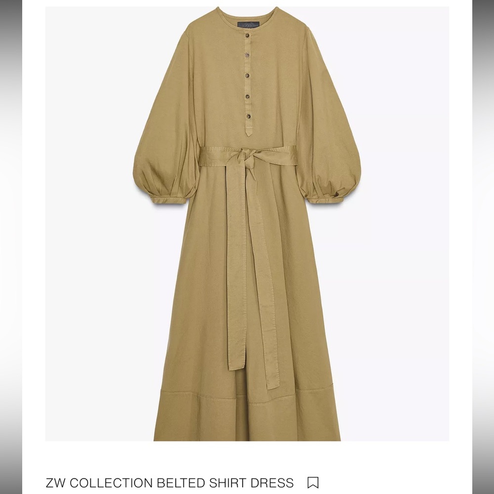 NWT Organic Cotton ZW Zara Woman Collection A-line Midi Shirt Dress W/Waist Tie